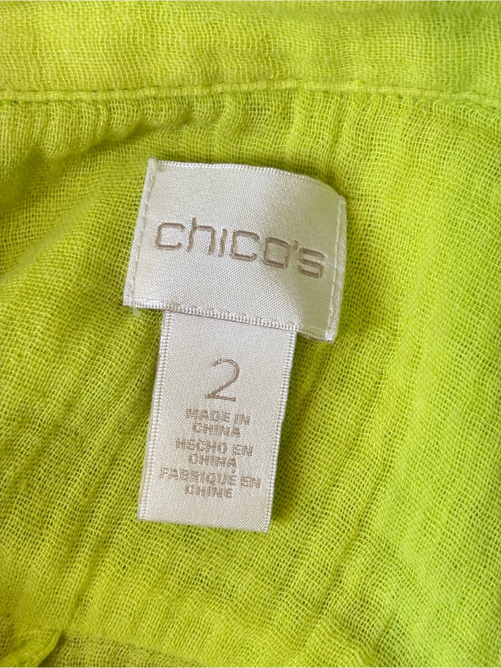 Chico's Neon Lime Button-Front Gauze Cotton Shirt, Large, wrinkle free! - Picture 4 of 5
